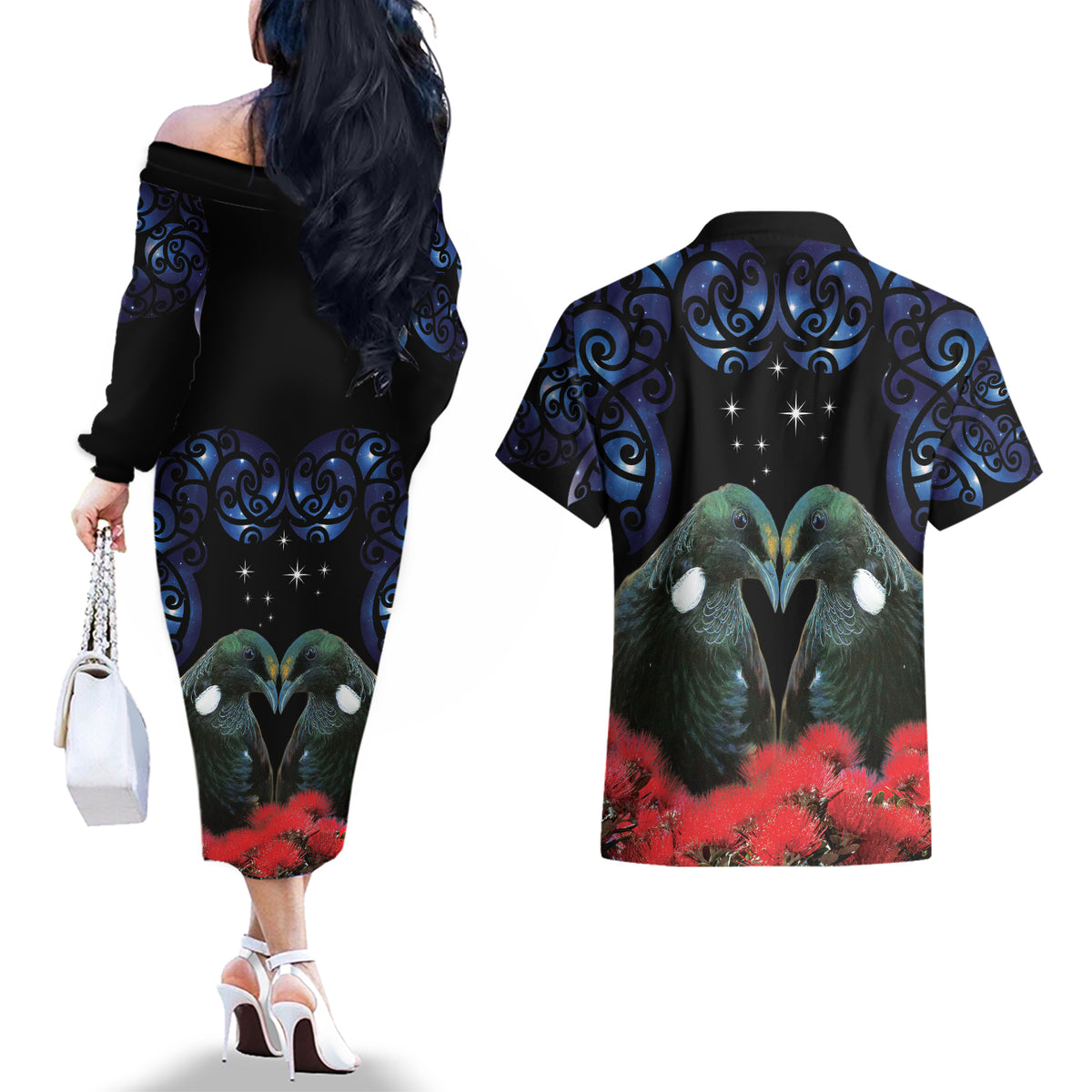 New Zealand Maori Matariki Couples Matching Off The Shoulder Long Sleeve Dress and Hawaiian Shirt Hongi Tui Bird Pohutukawa and Polynesia Tribal LT03 - Polynesian Pride