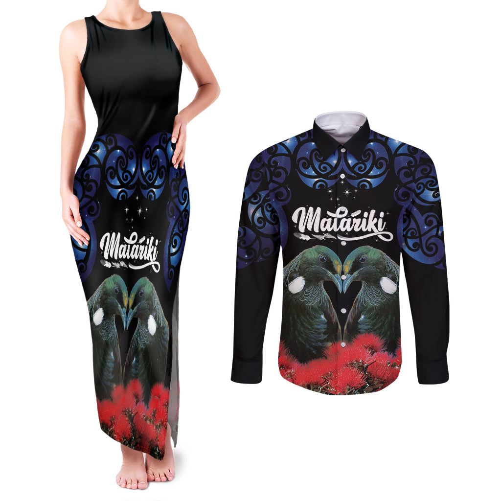 New Zealand Maori Matariki Couples Matching Tank Maxi Dress and Long Sleeve Button Shirt Hongi Tui Bird Pohutukawa and Polynesia Tribal LT03 Black - Polynesian Pride