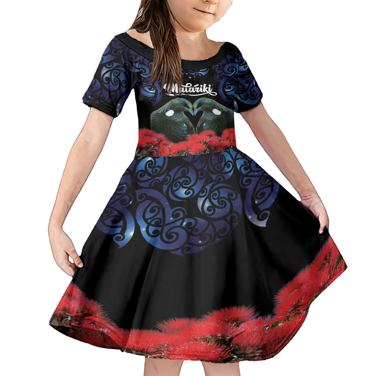 New Zealand Maori Matariki Family Matching Long Sleeve Bodycon Dress and Hawaiian Shirt Hongi Tui Bird Pohutukawa and Polynesia Tribal LT03 Daughter's Dress Black - Polynesian Pride