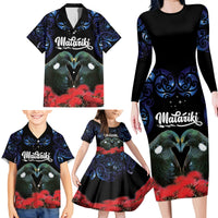 New Zealand Maori Matariki Family Matching Long Sleeve Bodycon Dress and Hawaiian Shirt Hongi Tui Bird Pohutukawa and Polynesia Tribal LT03 - Polynesian Pride