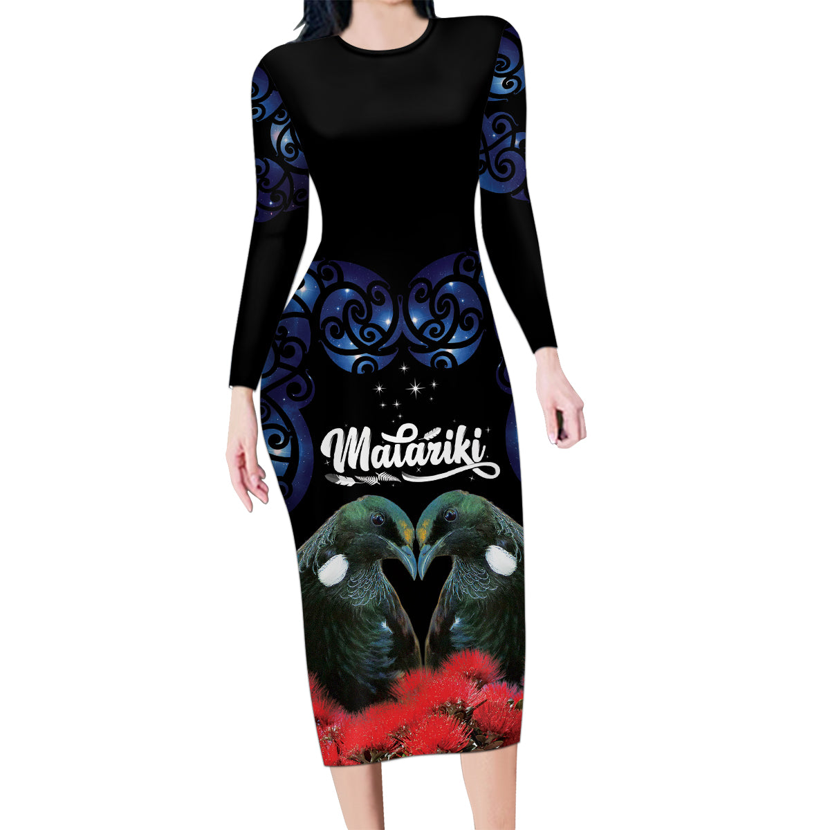 New Zealand Maori Matariki Family Matching Long Sleeve Bodycon Dress and Hawaiian Shirt Hongi Tui Bird Pohutukawa and Polynesia Tribal LT03 Mom's Dress Black - Polynesian Pride