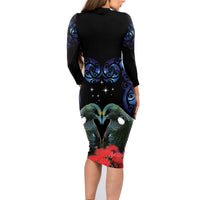 New Zealand Maori Matariki Family Matching Long Sleeve Bodycon Dress and Hawaiian Shirt Hongi Tui Bird Pohutukawa and Polynesia Tribal LT03 - Polynesian Pride