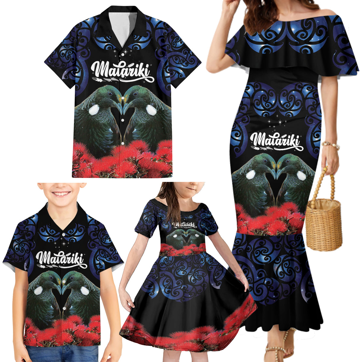 New Zealand Maori Matariki Family Matching Mermaid Dress and Hawaiian Shirt Hongi Tui Bird Pohutukawa and Polynesia Tribal LT03 - Polynesian Pride