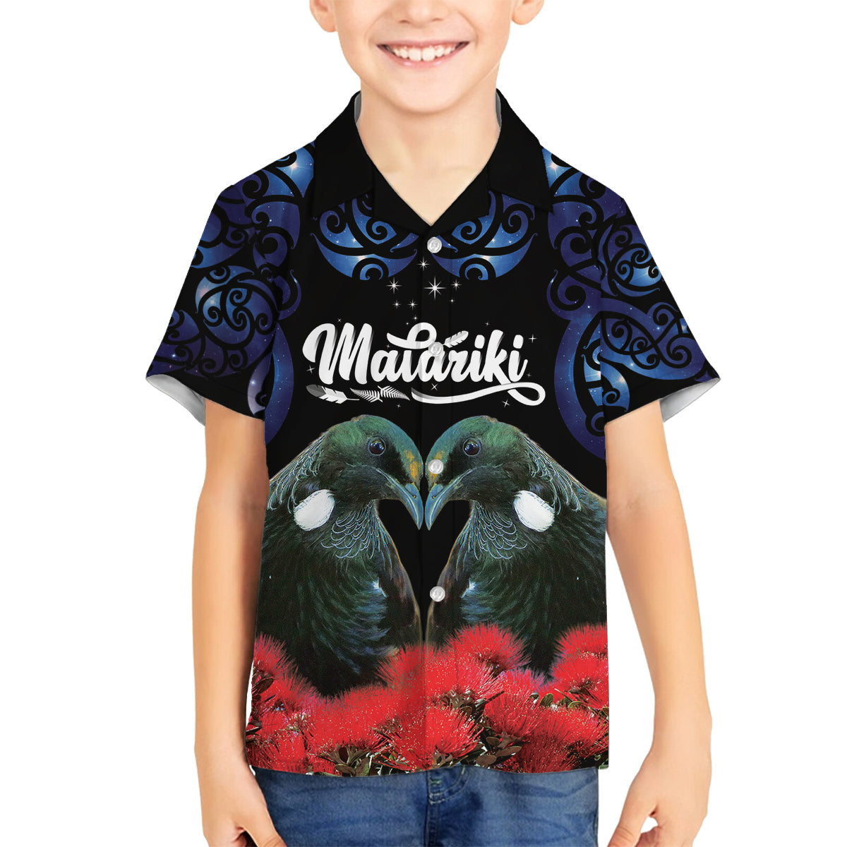 New Zealand Maori Matariki Family Matching Off The Shoulder Long Sleeve Dress and Hawaiian Shirt Hongi Tui Bird Pohutukawa and Polynesia Tribal LT03 Son's Shirt Black - Polynesian Pride