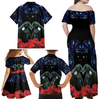 New Zealand Maori Matariki Family Matching Off Shoulder Maxi Dress and Hawaiian Shirt Hongi Tui Bird Pohutukawa and Polynesia Tribal LT03 - Polynesian Pride