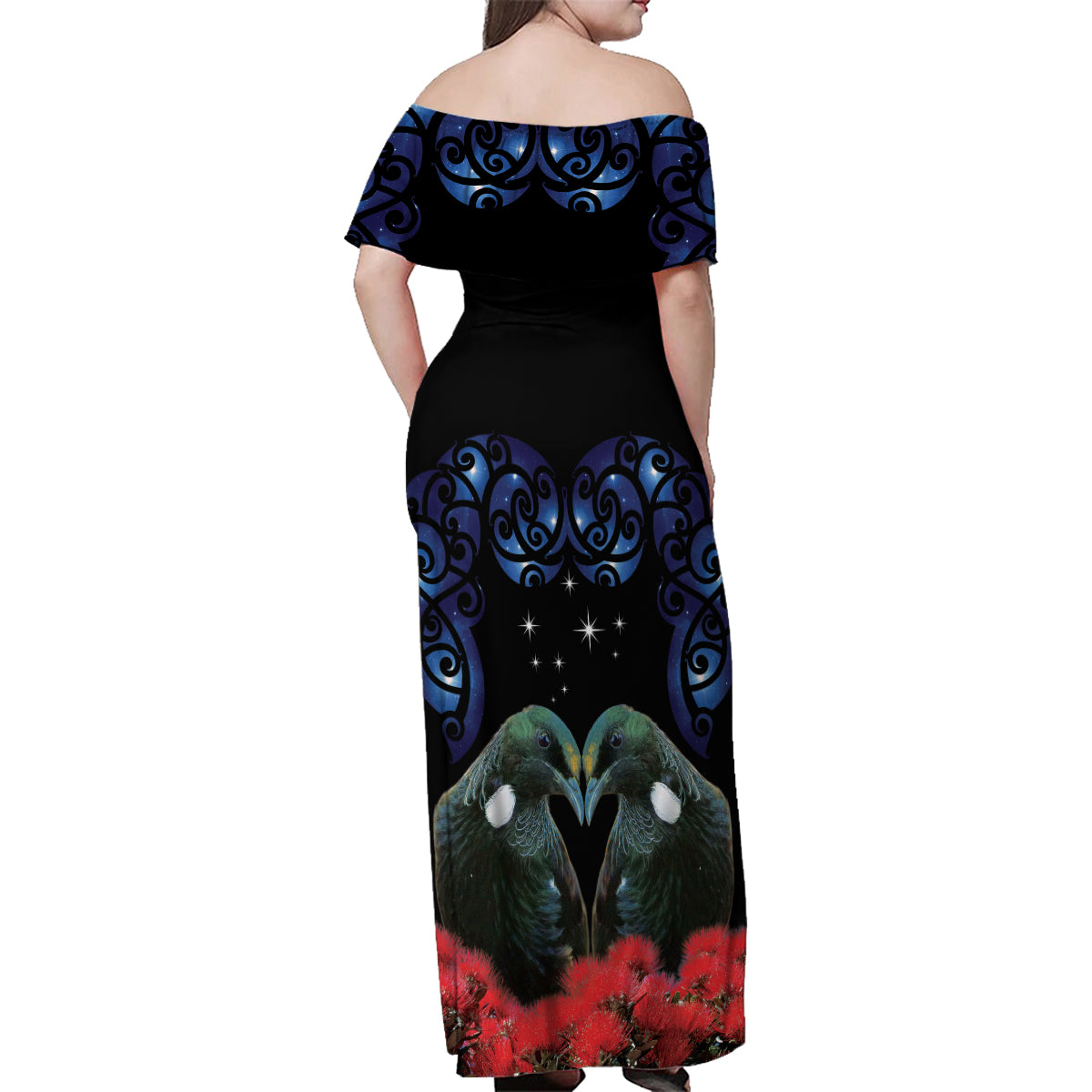 New Zealand Maori Matariki Family Matching Off Shoulder Maxi Dress and Hawaiian Shirt Hongi Tui Bird Pohutukawa and Polynesia Tribal LT03 - Polynesian Pride