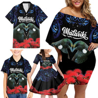 New Zealand Maori Matariki Family Matching Off Shoulder Short Dress and Hawaiian Shirt Hongi Tui Bird Pohutukawa and Polynesia Tribal LT03 - Polynesian Pride