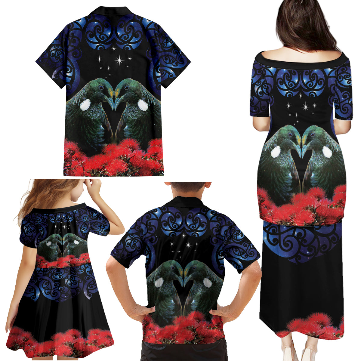 New Zealand Maori Matariki Family Matching Puletasi and Hawaiian Shirt Hongi Tui Bird Pohutukawa and Polynesia Tribal LT03 - Polynesian Pride