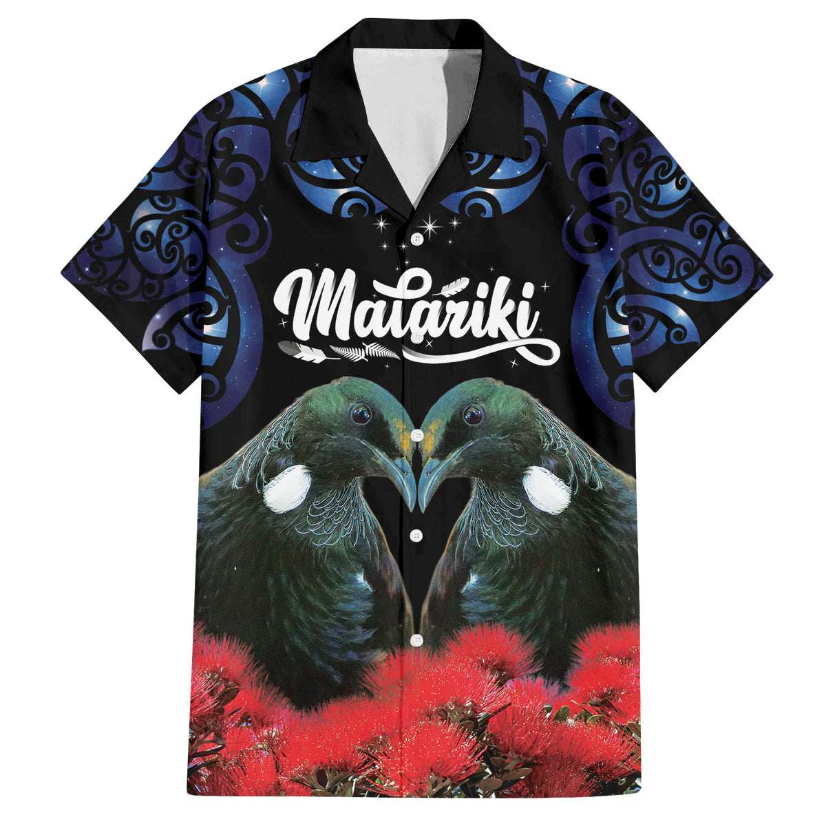 New Zealand Maori Matariki Family Matching Summer Maxi Dress and Hawaiian Shirt Hongi Tui Bird Pohutukawa and Polynesia Tribal LT03 Dad's Shirt - Short Sleeve Black - Polynesian Pride