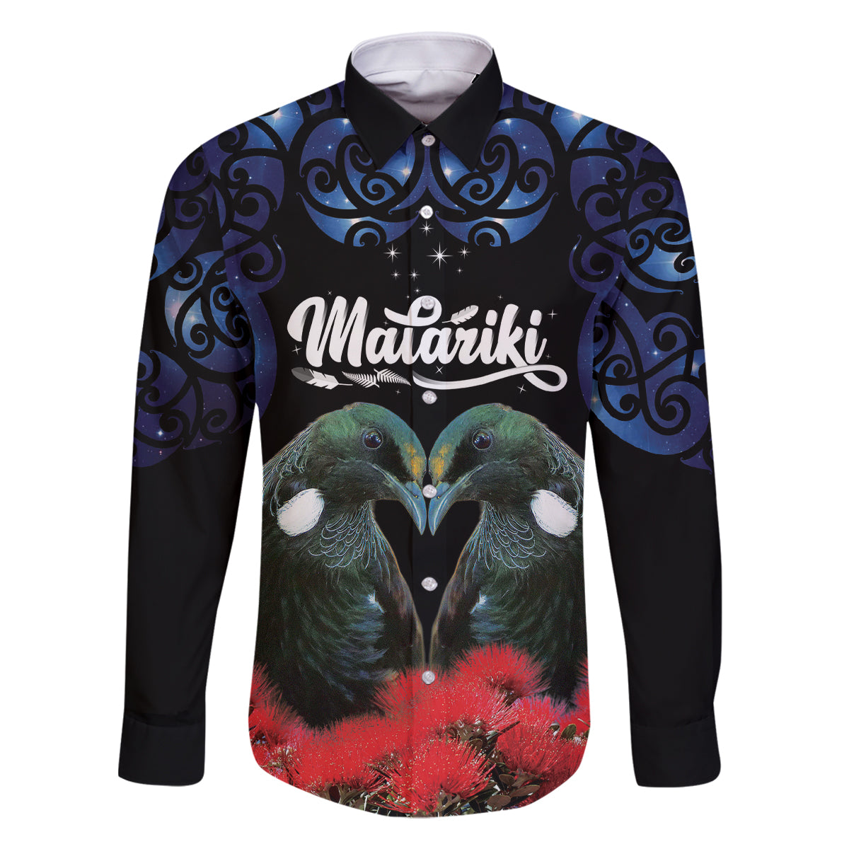 New Zealand Maori Matariki Family Matching Summer Maxi Dress and Hawaiian Shirt Hongi Tui Bird Pohutukawa and Polynesia Tribal LT03 Dad's Shirt - Long Sleeve Black - Polynesian Pride