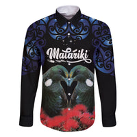 New Zealand Maori Matariki Family Matching Summer Maxi Dress and Hawaiian Shirt Hongi Tui Bird Pohutukawa and Polynesia Tribal LT03 Dad's Shirt - Long Sleeve Black - Polynesian Pride