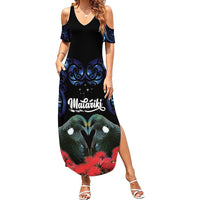 New Zealand Maori Matariki Family Matching Summer Maxi Dress and Hawaiian Shirt Hongi Tui Bird Pohutukawa and Polynesia Tribal LT03 Mom's Dress Black - Polynesian Pride