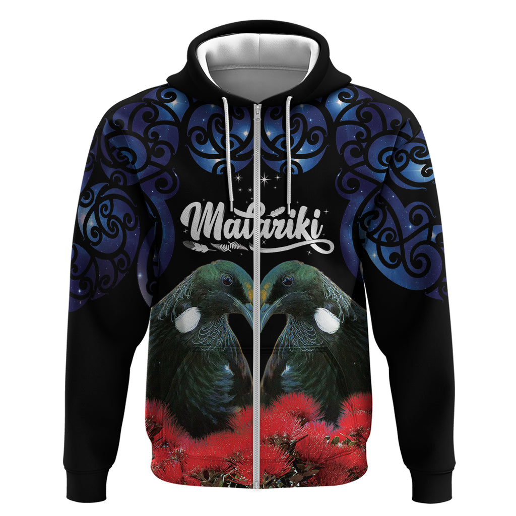 New Zealand Maori Matariki Hoodie Hongi Tui Bird Pohutukawa and Polynesia Tribal LT03 Zip Hoodie Black - Polynesian Pride