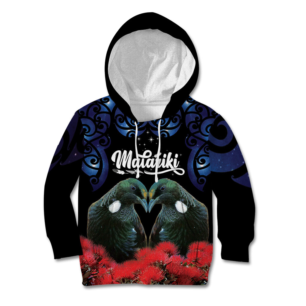 New Zealand Maori Matariki Kid Hoodie Hongi Tui Bird Pohutukawa and Polynesia Tribal LT03 Hoodie Black - Polynesian Pride