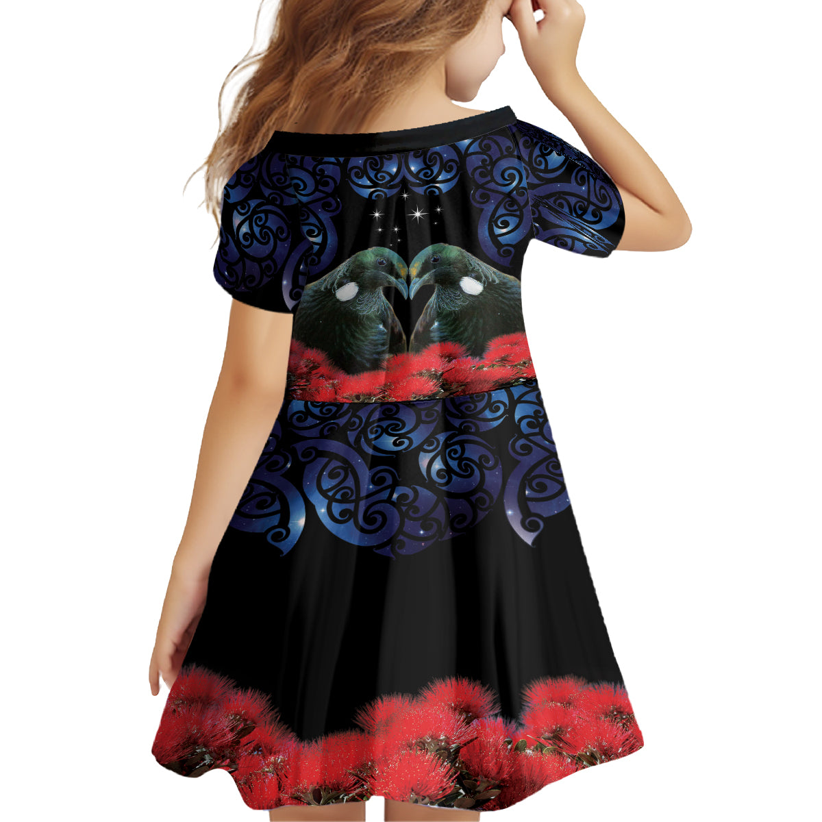 New Zealand Maori Matariki Kid Short Sleeve Dress Hongi Tui Bird Pohutukawa and Polynesia Tribal LT03 - Polynesian Pride
