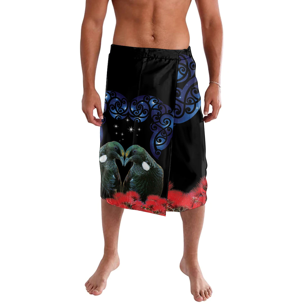 New Zealand Maori Matariki Lavalava Hongi Tui Bird Pohutukawa and Polynesia Tribal LT03 Black - Polynesian Pride