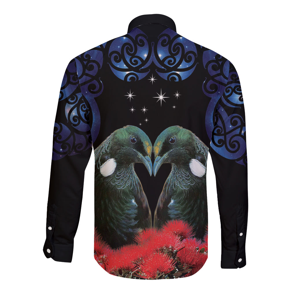 New Zealand Maori Matariki Long Sleeve Button Shirt Hongi Tui Bird Pohutukawa and Polynesia Tribal LT03 - Polynesian Pride