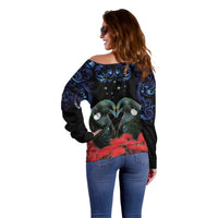 New Zealand Maori Matariki Off Shoulder Sweater Hongi Tui Bird Pohutukawa and Polynesia Tribal LT03 - Polynesian Pride