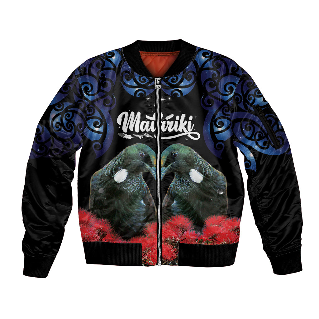 New Zealand Maori Matariki Sleeve Zip Bomber Jacket Hongi Tui Bird Pohutukawa and Polynesia Tribal LT03 Unisex Black - Polynesian Pride