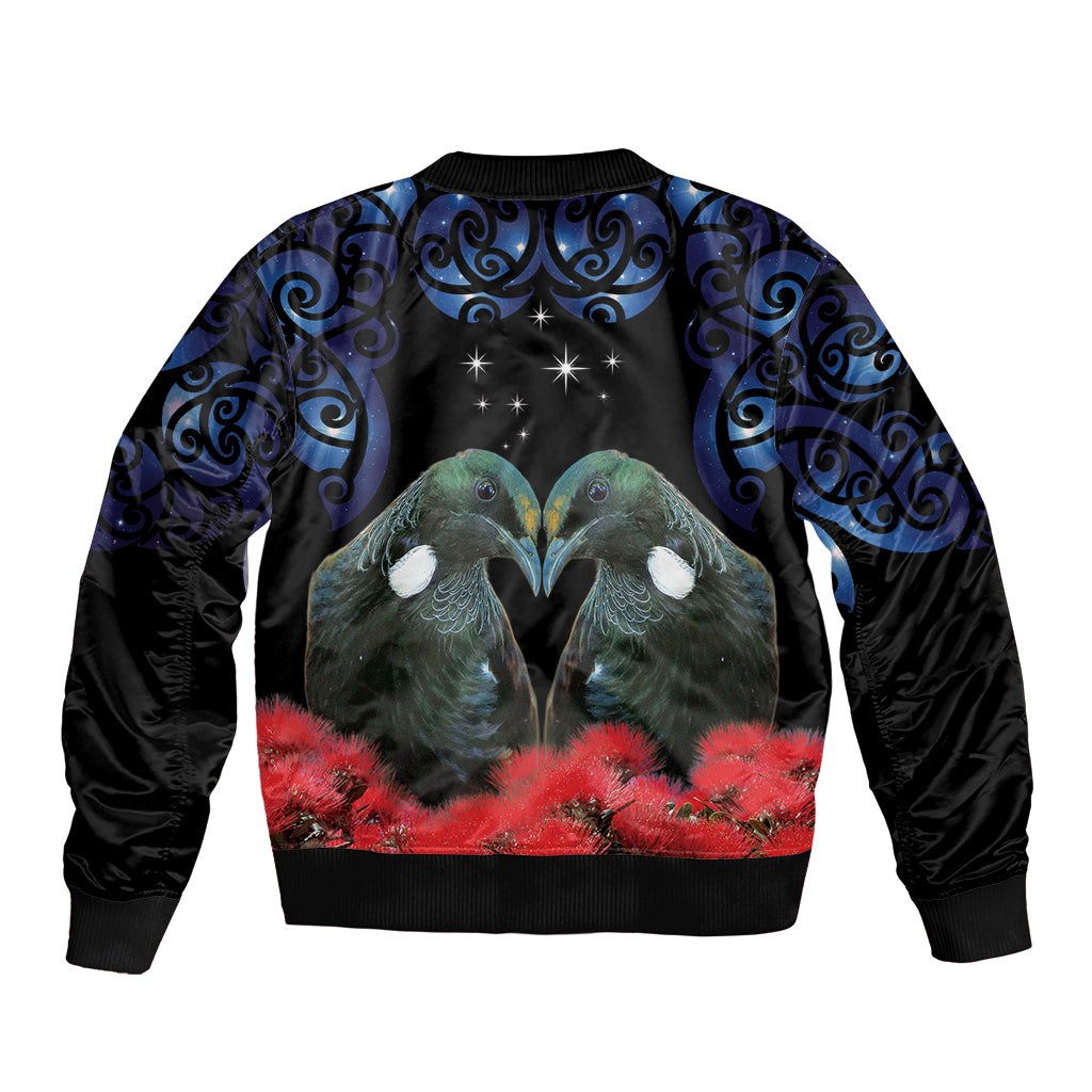 New Zealand Maori Matariki Sleeve Zip Bomber Jacket Hongi Tui Bird Pohutukawa and Polynesia Tribal LT03 - Polynesian Pride