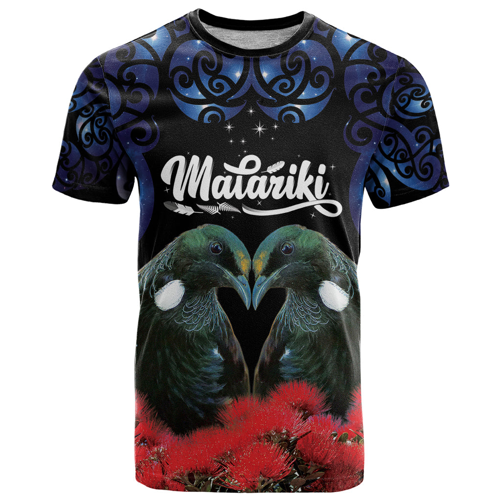 New Zealand Maori Matariki T Shirt Hongi Tui Bird Pohutukawa and Polynesia Tribal LT03 Black - Polynesian Pride