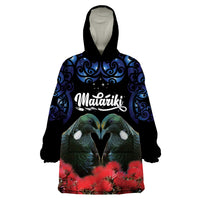 New Zealand Maori Matariki Wearable Blanket Hoodie Hongi Tui Bird Pohutukawa and Polynesia Tribal LT03 One Size Black - Polynesian Pride