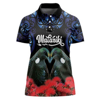 New Zealand Maori Matariki Women Polo Shirt Hongi Tui Bird Pohutukawa and Polynesia Tribal LT03 Female Black - Polynesian Pride