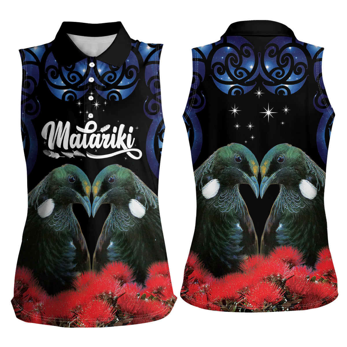 New Zealand Maori Matariki Women Sleeveless Polo Shirt Hongi Tui Bird Pohutukawa and Polynesia Tribal LT03 - Polynesian Pride