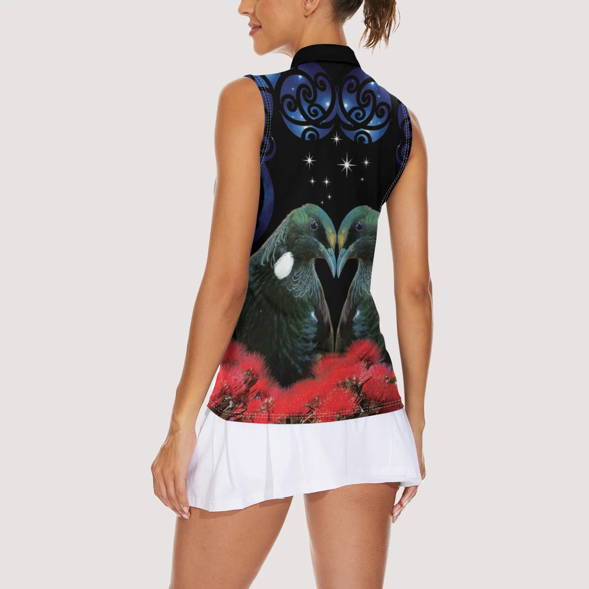 New Zealand Maori Matariki Women Sleeveless Polo Shirt Hongi Tui Bird Pohutukawa and Polynesia Tribal LT03 - Polynesian Pride