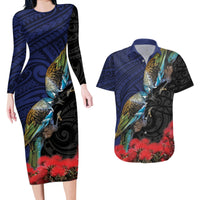 New Zealand Maori Hongi Culture Couples Matching Long Sleeve Bodycon Dress and Hawaiian Shirt Tui Bird Pohutukawa and Polynesian Pattern LT03 Blue - Polynesian Pride