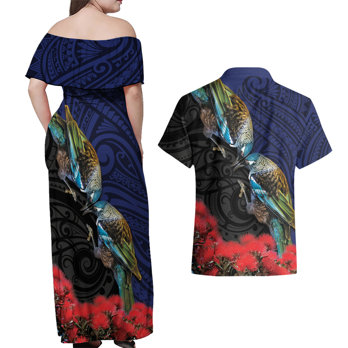New Zealand Maori Hongi Culture Couples Matching Off Shoulder Maxi Dress and Hawaiian Shirt Tui Bird Pohutukawa and Polynesian Pattern LT03 - Polynesian Pride