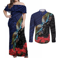 New Zealand Maori Hongi Culture Couples Matching Off Shoulder Maxi Dress and Long Sleeve Button Shirt Tui Bird Pohutukawa and Polynesian Pattern LT03 Blue - Polynesian Pride