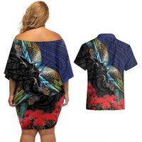 New Zealand Maori Hongi Culture Couples Matching Off Shoulder Short Dress and Hawaiian Shirt Tui Bird Pohutukawa and Polynesian Pattern LT03 - Polynesian Pride