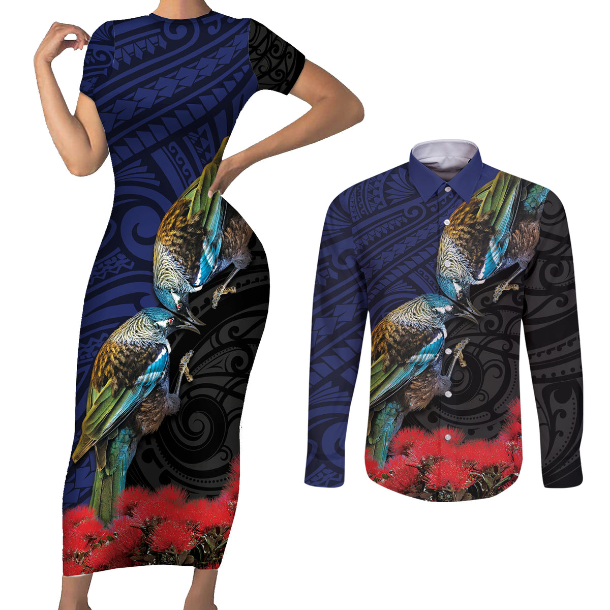 New Zealand Maori Hongi Culture Couples Matching Short Sleeve Bodycon Dress and Long Sleeve Button Shirt Tui Bird Pohutukawa and Polynesian Pattern LT03 Blue - Polynesian Pride