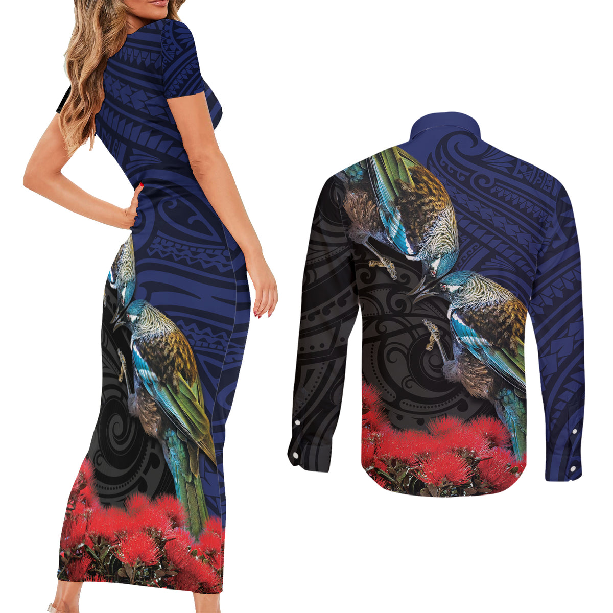 New Zealand Maori Hongi Culture Couples Matching Short Sleeve Bodycon Dress and Long Sleeve Button Shirt Tui Bird Pohutukawa and Polynesian Pattern LT03 - Polynesian Pride