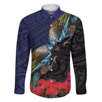 New Zealand Maori Hongi Culture Family Matching Long Sleeve Bodycon Dress and Hawaiian Shirt Tui Bird Pohutukawa and Polynesian Pattern LT03 Dad's Shirt - Long Sleeve Blue - Polynesian Pride