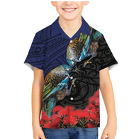 New Zealand Maori Hongi Culture Family Matching Mermaid Dress and Hawaiian Shirt Tui Bird Pohutukawa and Polynesian Pattern LT03 Son's Shirt Blue - Polynesian Pride