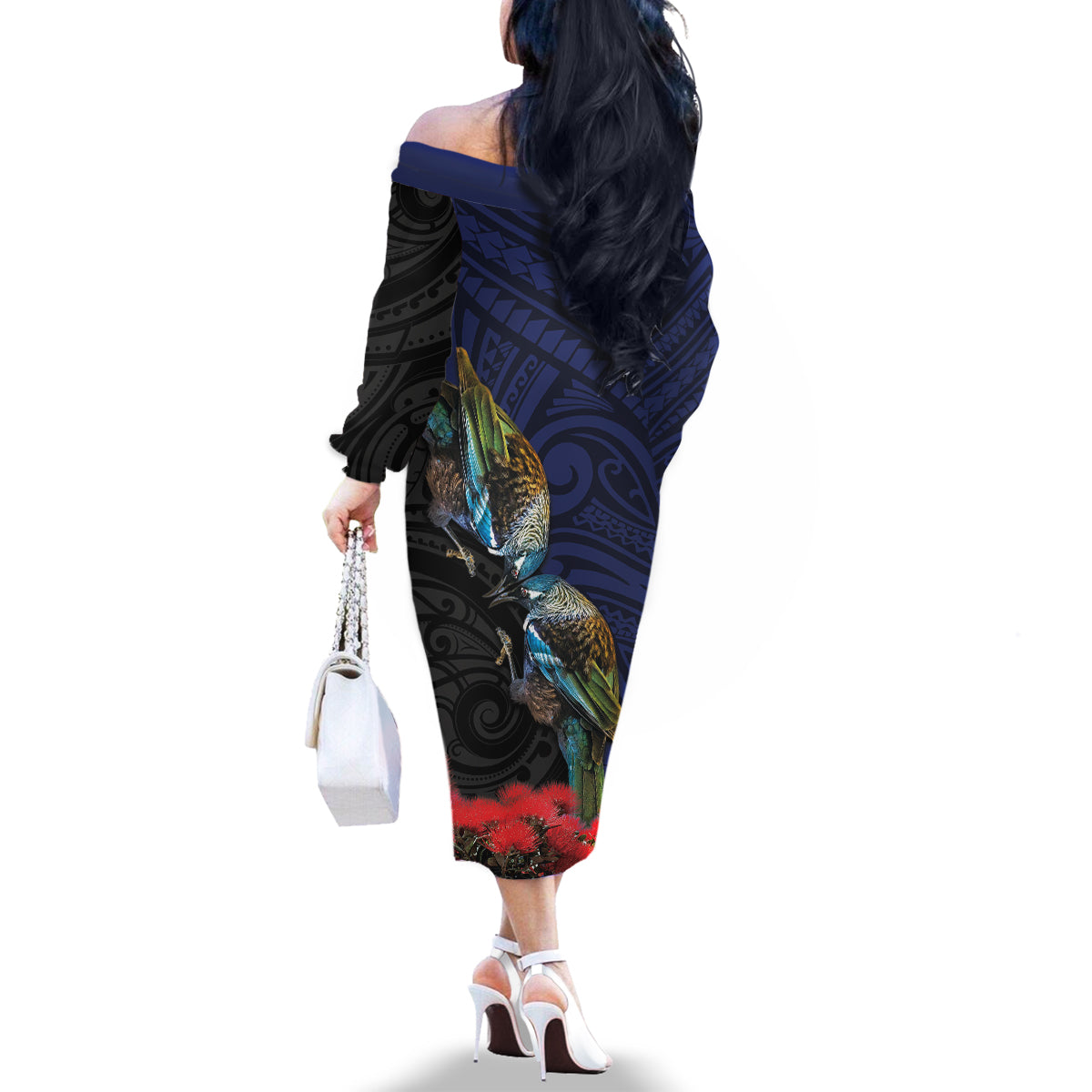 New Zealand Maori Hongi Culture Family Matching Off The Shoulder Long Sleeve Dress and Hawaiian Shirt Tui Bird Pohutukawa and Polynesian Pattern LT03 - Polynesian Pride