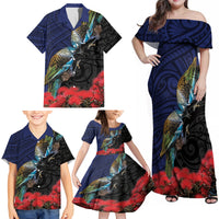 New Zealand Maori Hongi Culture Family Matching Off Shoulder Maxi Dress and Hawaiian Shirt Tui Bird Pohutukawa and Polynesian Pattern LT03 - Polynesian Pride