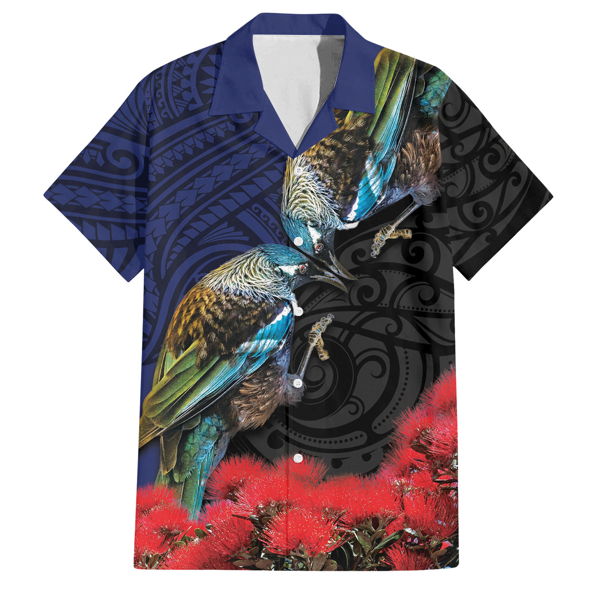 New Zealand Maori Hongi Culture Family Matching Off Shoulder Maxi Dress and Hawaiian Shirt Tui Bird Pohutukawa and Polynesian Pattern LT03 Dad's Shirt - Short Sleeve Blue - Polynesian Pride