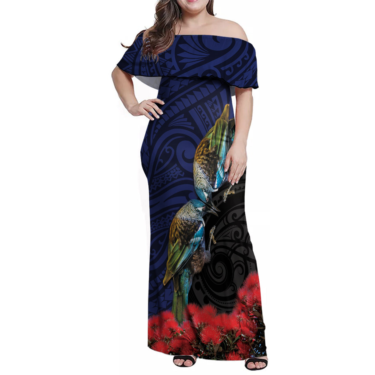 New Zealand Maori Hongi Culture Family Matching Off Shoulder Maxi Dress and Hawaiian Shirt Tui Bird Pohutukawa and Polynesian Pattern LT03 Mom's Dress Blue - Polynesian Pride