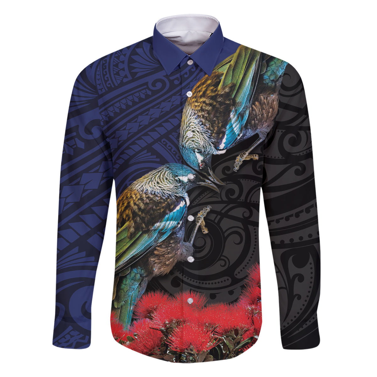 New Zealand Maori Hongi Culture Family Matching Short Sleeve Bodycon Dress and Hawaiian Shirt Tui Bird Pohutukawa and Polynesian Pattern LT03 Dad's Shirt - Long Sleeve Blue - Polynesian Pride