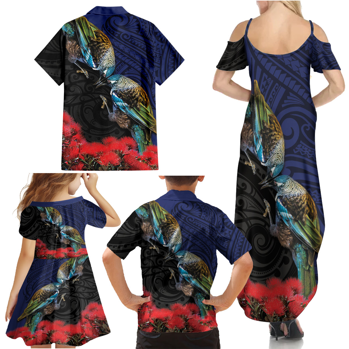 New Zealand Maori Hongi Culture Family Matching Summer Maxi Dress and Hawaiian Shirt Tui Bird Pohutukawa and Polynesian Pattern LT03 - Polynesian Pride