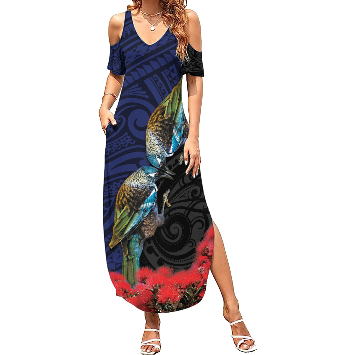 New Zealand Maori Hongi Culture Family Matching Summer Maxi Dress and Hawaiian Shirt Tui Bird Pohutukawa and Polynesian Pattern LT03 Mom's Dress Blue - Polynesian Pride