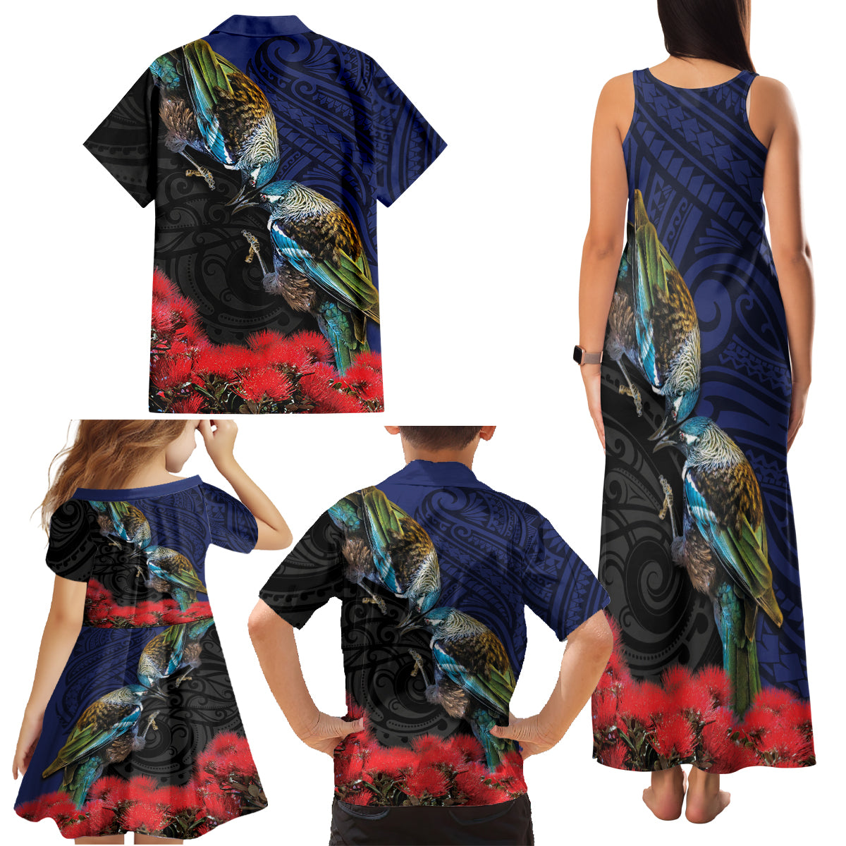 New Zealand Maori Hongi Culture Family Matching Tank Maxi Dress and Hawaiian Shirt Tui Bird Pohutukawa and Polynesian Pattern LT03 - Polynesian Pride