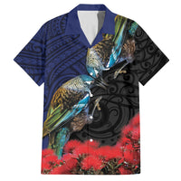 New Zealand Maori Hongi Culture Family Matching Tank Maxi Dress and Hawaiian Shirt Tui Bird Pohutukawa and Polynesian Pattern LT03 Dad's Shirt - Short Sleeve Blue - Polynesian Pride