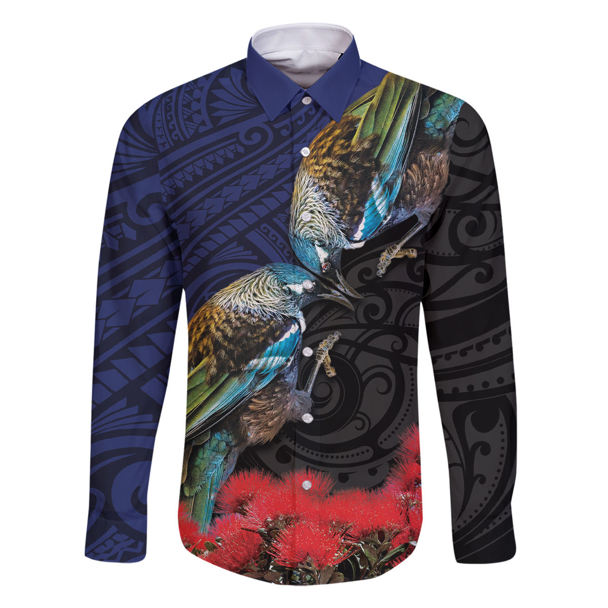New Zealand Maori Hongi Culture Family Matching Tank Maxi Dress and Hawaiian Shirt Tui Bird Pohutukawa and Polynesian Pattern LT03 Dad's Shirt - Long Sleeve Blue - Polynesian Pride