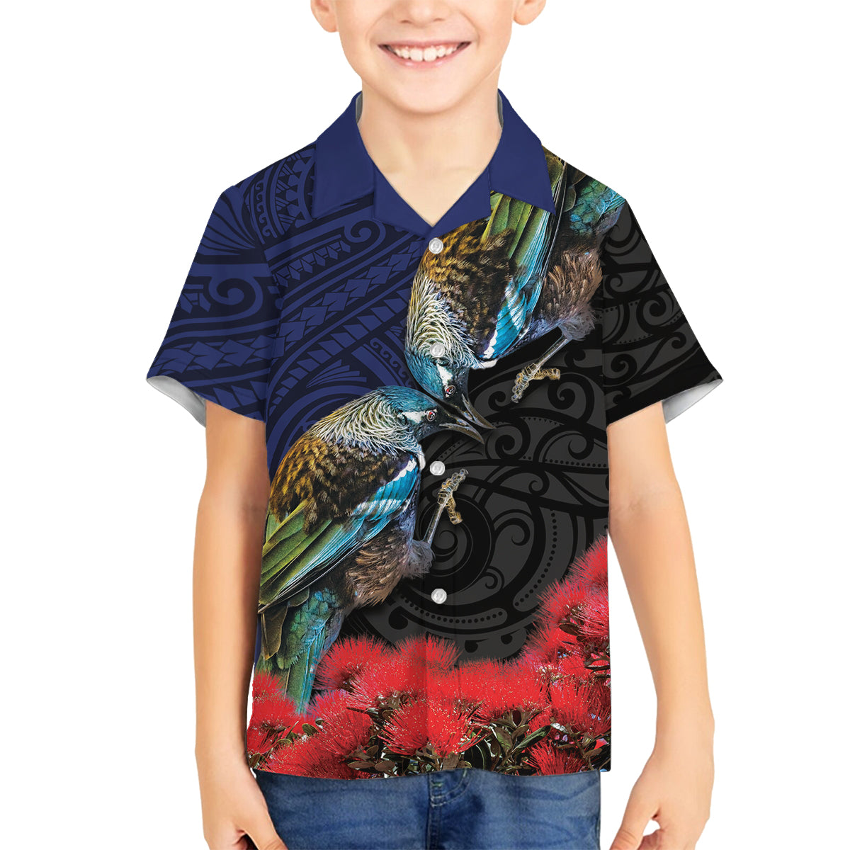 New Zealand Maori Hongi Culture Family Matching Tank Maxi Dress and Hawaiian Shirt Tui Bird Pohutukawa and Polynesian Pattern LT03 Son's Shirt Blue - Polynesian Pride