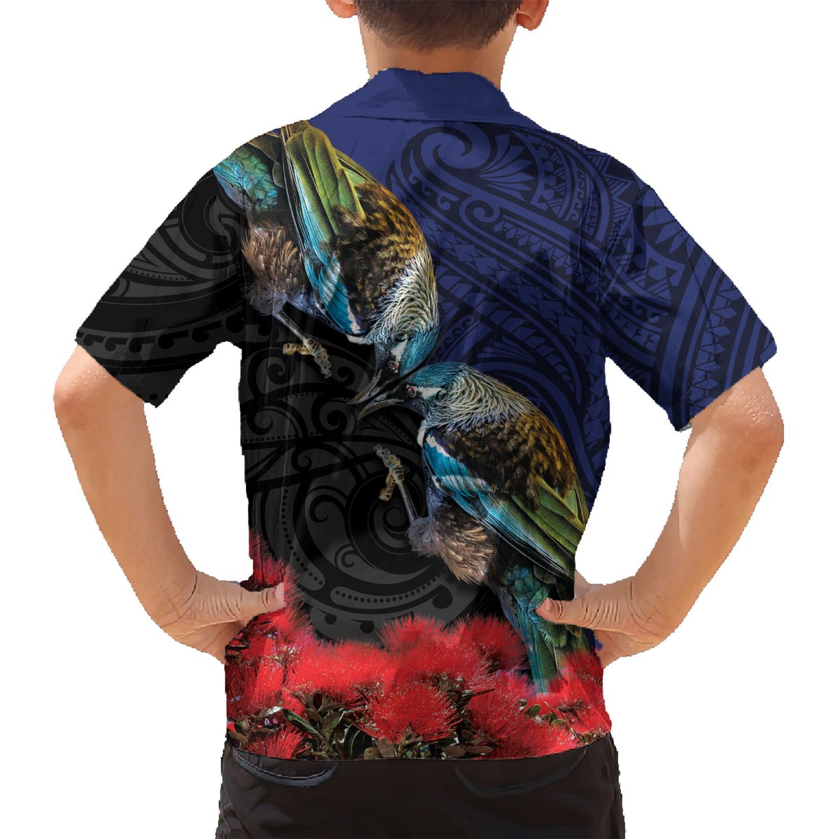 New Zealand Maori Hongi Culture Kid Hawaiian Shirt Tui Bird Pohutukawa and Polynesian Pattern LT03 - Polynesian Pride