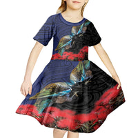 New Zealand Maori Hongi Culture Kid Short Sleeve Dress Tui Bird Pohutukawa and Polynesian Pattern LT03 - Polynesian Pride